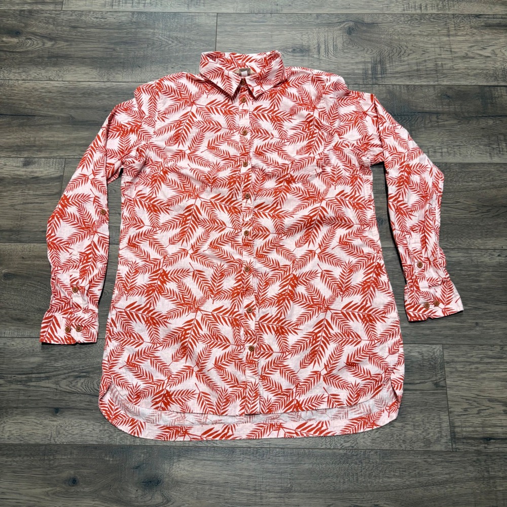 Duluth Trading Co Womens Medium Orange Palm‎ Print Hemp Organic Cotton Shirt